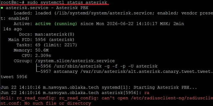 Скрин 2. Проверка статуса Asterisk.