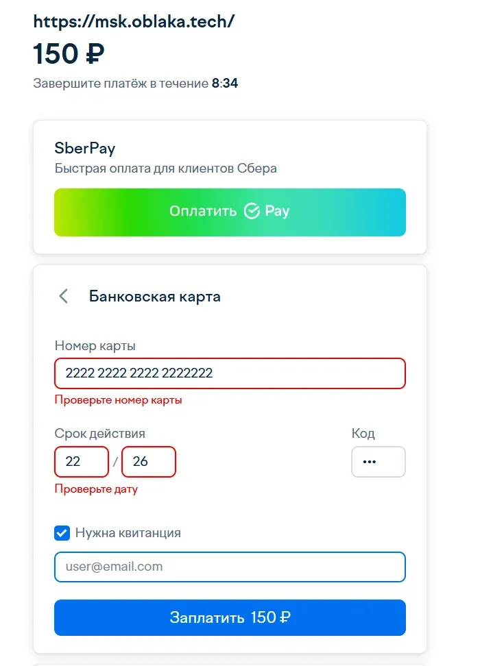 Скрин 7. Введение реквизитов банковской карты.