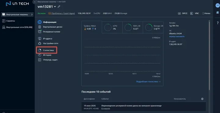 Скрин 3. Информация о сервере. Переход в раздел "Статистика".