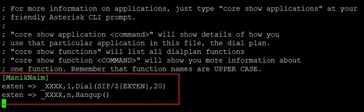 Скрин 6. Настройка маршрутизации в файле extensions.conf.